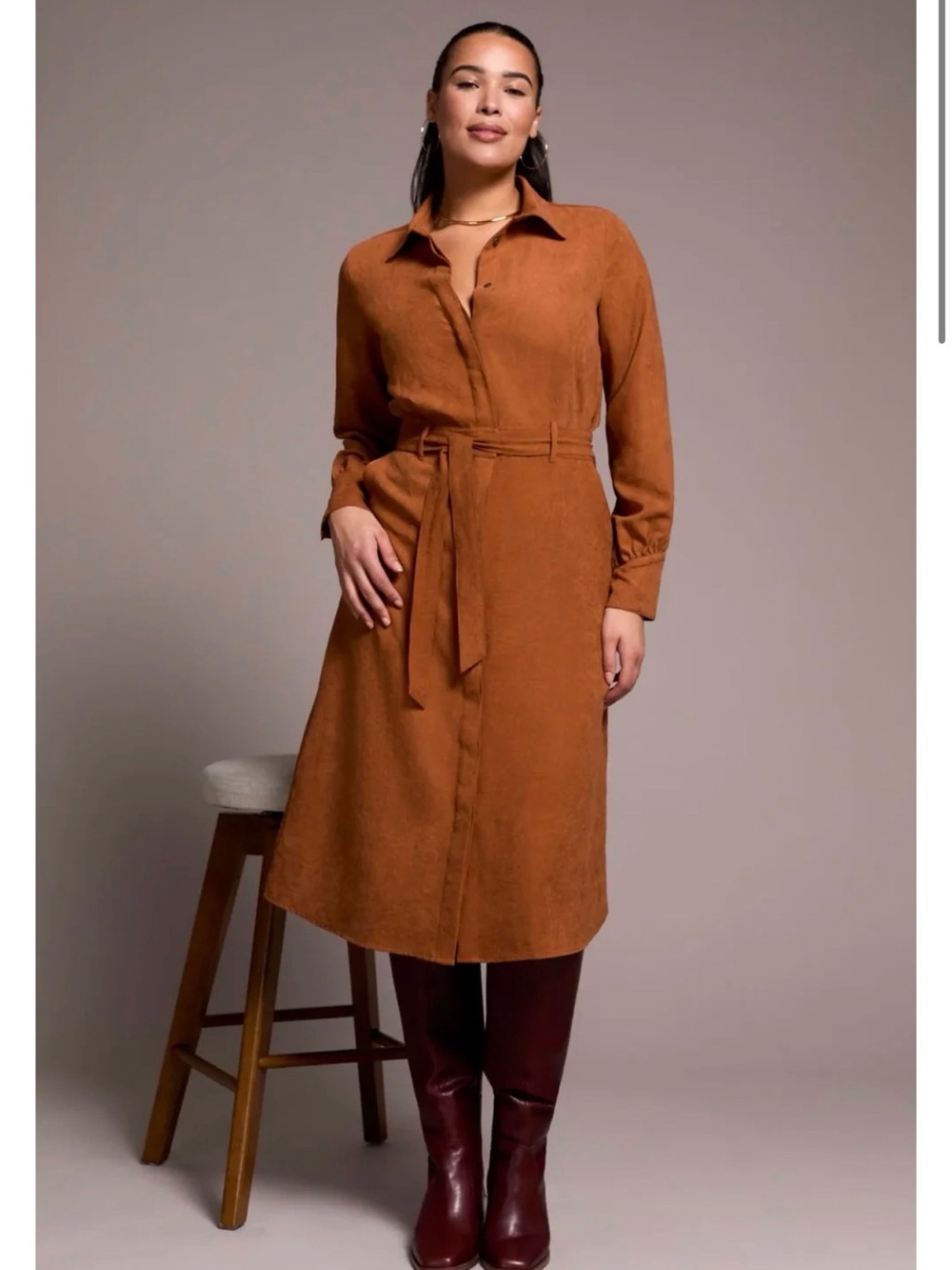 Tribal Rust Brown Gingerspice Long Sleeve Shirt Dress with Tie Belt
